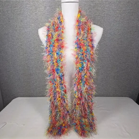 MULTICOLOR FUZZY 64" × 4" SCARF – RAINBOW FEATHERY TEXTURE STATEMENT ACCESSORY - Picture 4 of 7